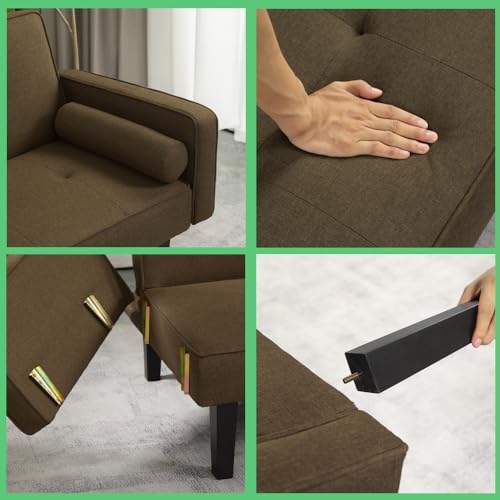 Futon Sofa Bed, Convertible Couch Bed with Armrests, Modern Living Room Linen Sofa Bed, Folding Recliner Futon Couch Sleeper Set with Solid Wood Legs (Light Grey)