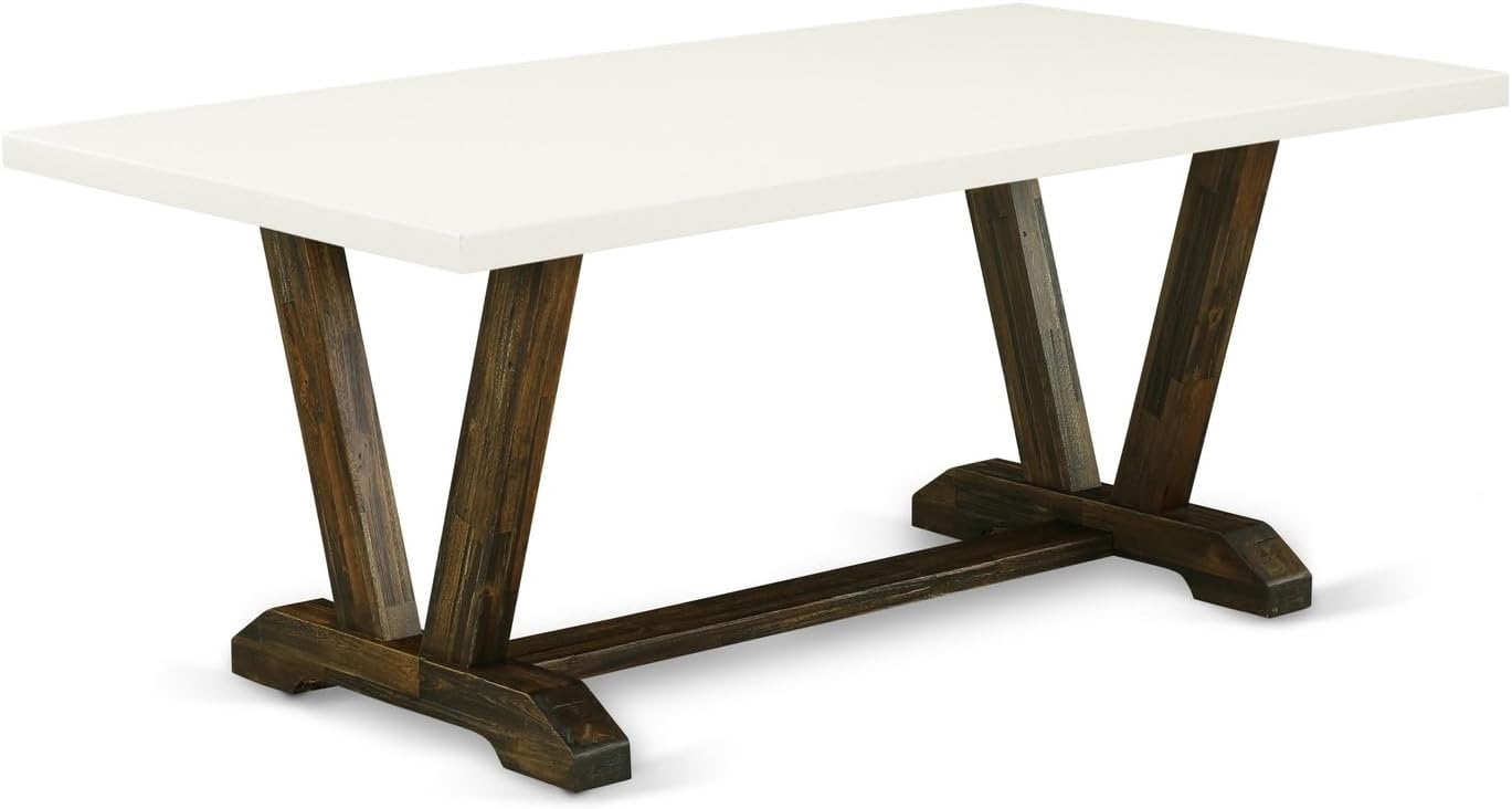 Contemporary Cool V-Style 40X72 in Dining Table with Distressed Jacobean Leg and Linen White Top Finish
