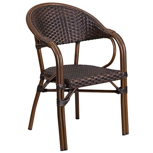 EMMA + OLIVER 3 Pack Cocoa Rattan Restaurant Patio Chair with Bamboo-Aluminum Frame