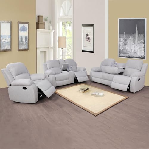 Bonded Leather Recliner Sofa Set 3 PCS Motion Sofa Loveseat Recliner Sofa Recliner Couch Manual Reclining Chair for Living Room (3 Piece Set) (Black)(Grey)