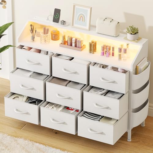 Lulive Black Dresser for Bedroom 9 Drawers - Fabric Dressers for Bedroom with LED Light & Charging Station - Kids Adults Chest of Drawers for Living Room Hallway Closet Nursery (Black)