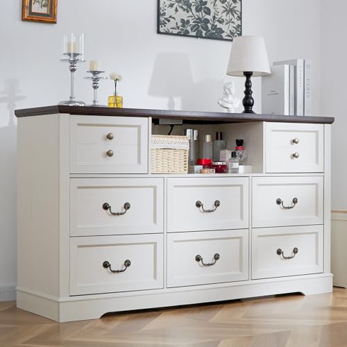 EnHomee Farmhouse Dresser with Power Outlets and LED Lights, 55