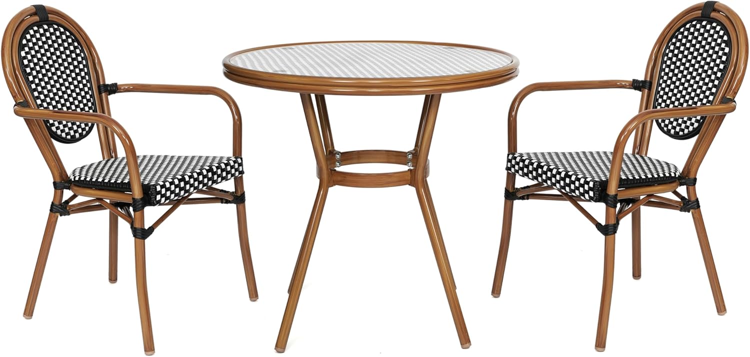 Merrick Lane Celia French Bistro Style Set - Indoor/Outdoor Use - Tempered Glass Tabletop - Black & White PE Rattan - 2 Stack Chairs - Bamboo Finished Metal Frame