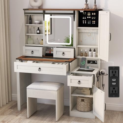 Farmhouse Vanity Desk with Mirror and Lights, Makeup Vanity with Charging Station & Jewelry Cabinet, 42” Glass Tabletop, 4 Drawers, Adjustable Shelves, White Vanity