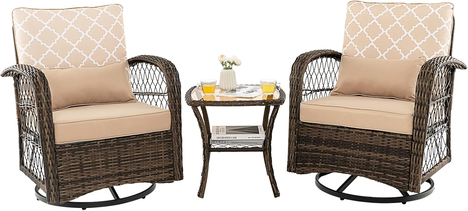 COSTWAY Patio 3PCS Wicker Swivel Rocker Set 2 Rocking Chairs 360 Degrees w/Coffee Table