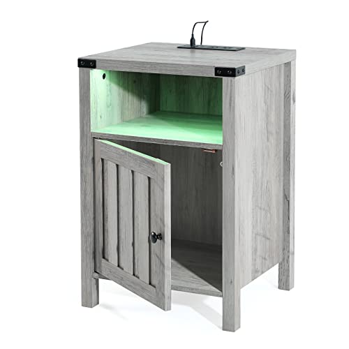 Evajoy Nightstand with Charging Station, Side Table with RGB Light Strip, Modern End Table Beside Table with USB Ports and Outlets, Barn Door Cabinet, Open Shelf, Deep Storage for Bedroom, Living Room
