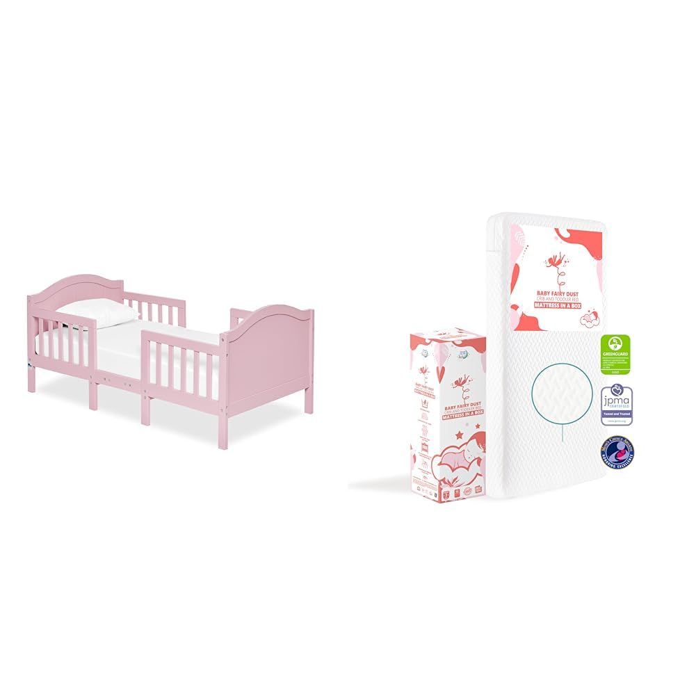 Portland 3 in 1 Convertible Toddler Bed in Pink, Greenguard Gold Certified & Baby Fairy 5” Foam Crib & Toddler Bed Mattress in a Box