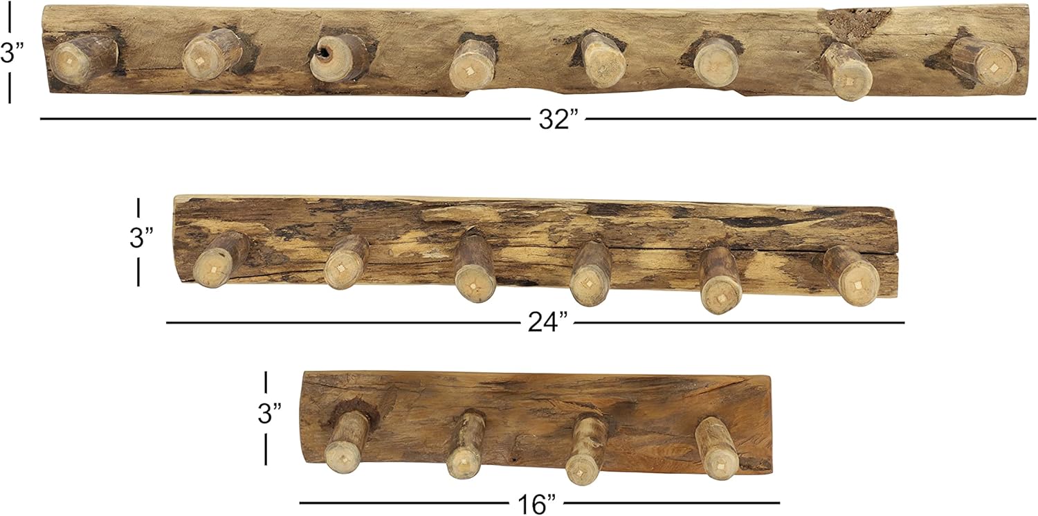 Deco 79 Rustic Teak Wood Solid Wall Hook, Set of 3 32