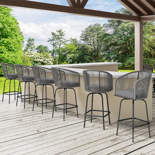 YITAHOME 4-Piece Patio Woven Swivel Bar Stools,Outdoor Bar Set Chair with Soft Cushions for Backyard Poolside, Garden w/360 Rotation (Light Yellow+Beige)