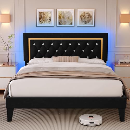 Full Size Bed Frame, Upholstered Platform Bed Frame with LED Light, Adjustable Headboard Tufted, No Box Spring Needed, Easy Assembly, Black