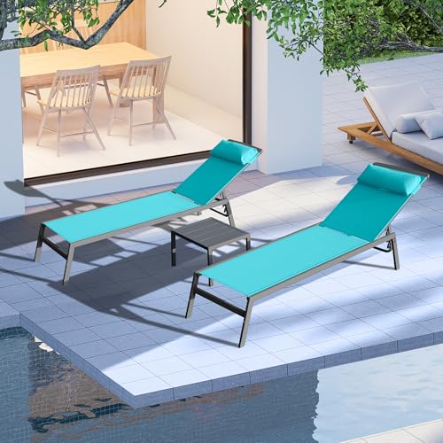 Domi Patio 3 Pieces Aluminum Textilene Chaise Lounge Set with Side Table Outdoor, Adjustable Back and Pillow for Yard Garden Sunbathing for All Seasons, Lake Blue