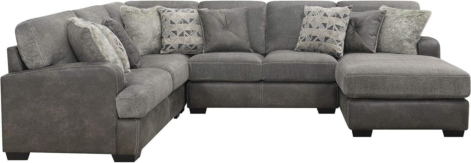 Antique Bright Charcoal Tweed and Faux Leather Sectional with Cozy Fabrics and Deep Seating