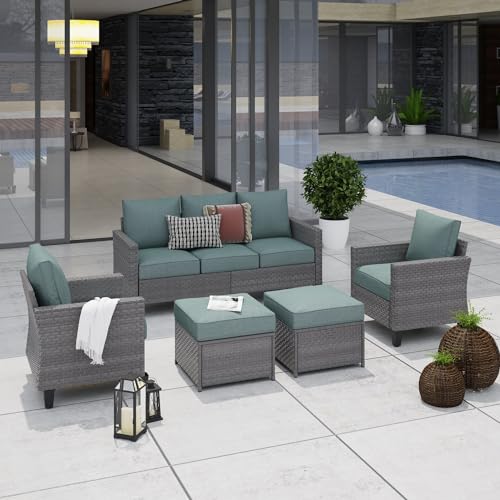 SUNSITT Outdoor Patio Furniture Set 5 Piece Wicker Conversation Set with Lift Coffee Table Sectional Dining Set 3 Seat Sofa Couch with Loveseat, Brown Wicker & Beige Cushion