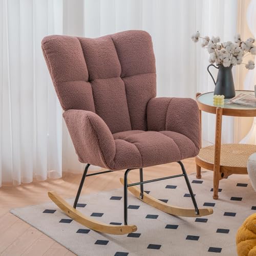 Nursery Rocking Chair, Upholstered Teddy Fabric Glider Rocker with High Backrest, Comfy Accent Chair with Dual-Sided Magazine Pockets for Living Room, Bedroom, Baby Nursing and Reading (White)