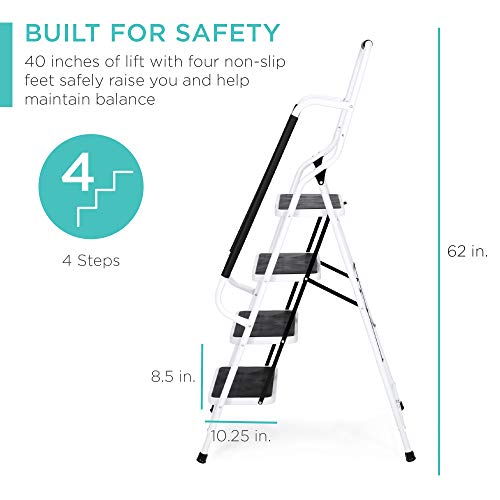Best Choice Products 4- Step Ladder, Folding Portable Step Stool w/Padded Hand Grips, Non Slip Rubber Feet, Attachable Tool Bag, 225lbs Capacity