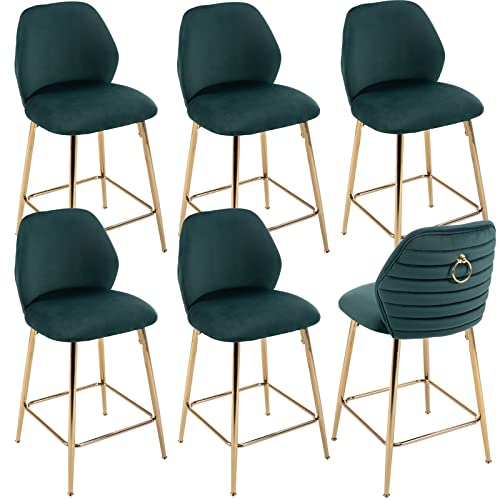 Guyou Black Velvet Gold Bar Stools Set of 2, Modern 26” Counter Height Bar Stools with Backrest and Footrest Upholstered Kitchen Island High Chairs with Ring Pull for Home Pub Kitchen Counter (Black)