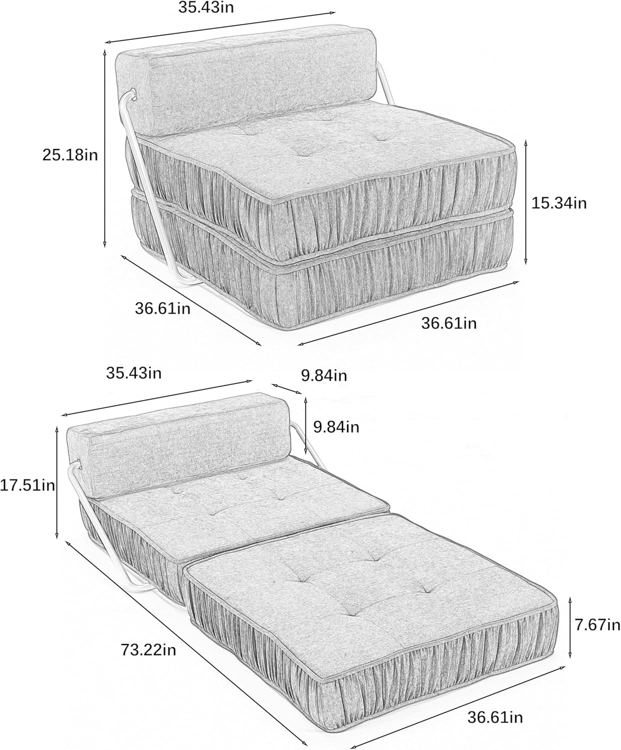 Sofa Memory Foam with Pillow Futon Sleeper Chair Fold Out Couch, Washable Cover Twin Siz for Living Room/Home Office/Guest Beds/Apartment, Grey