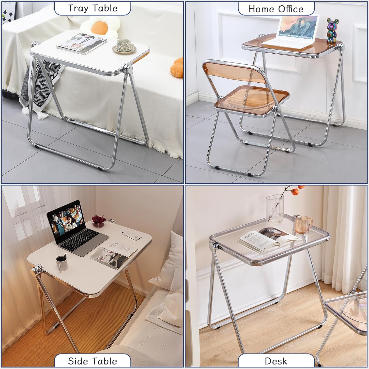 KAIHAOWIN Folding Chair and Table Acrylic Folding Desk and Chairs Set (White)