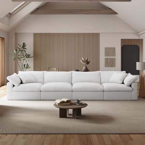 Modular Sectional Sofa Couch,White Linen Fabric Reversible U Shaped Sofa Couches Cloud Couch with 2 Ottoman, Down Filled Sectional Sofa Corner Couches for Living Room,Apartment