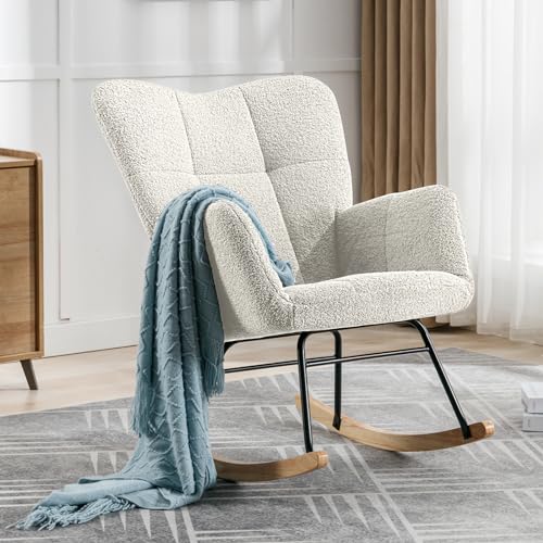 Mjkone Rocking Chair, Modern Teddy Fabric Glider Chair for Nursery with Upholstered Backrest and Seat, Accent Chair Nursery Chair for Living Room, Bedroom - Beige