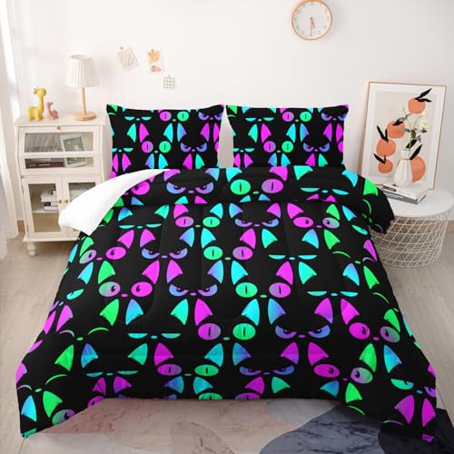 Cartoon Cat Comforter Sets Twin Size,Bedding Sets for Kids,Cute Black Cat Comforter Sets，Kids Room Decor with 1 Comforter with 2 Pillow Case