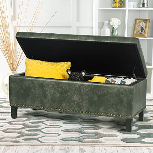 Homebeez Storage Ottoman Bench Velvet Tufted Foot Rest Stool with Nailhead Trim (Blue)