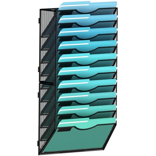 10-Tier Wall File Organizer Hanging Wall File Holder Wall Mount Paper Folder Organize, Mesh Magazine Document Mail Organizer Wall Organizer for Office School Home, Black