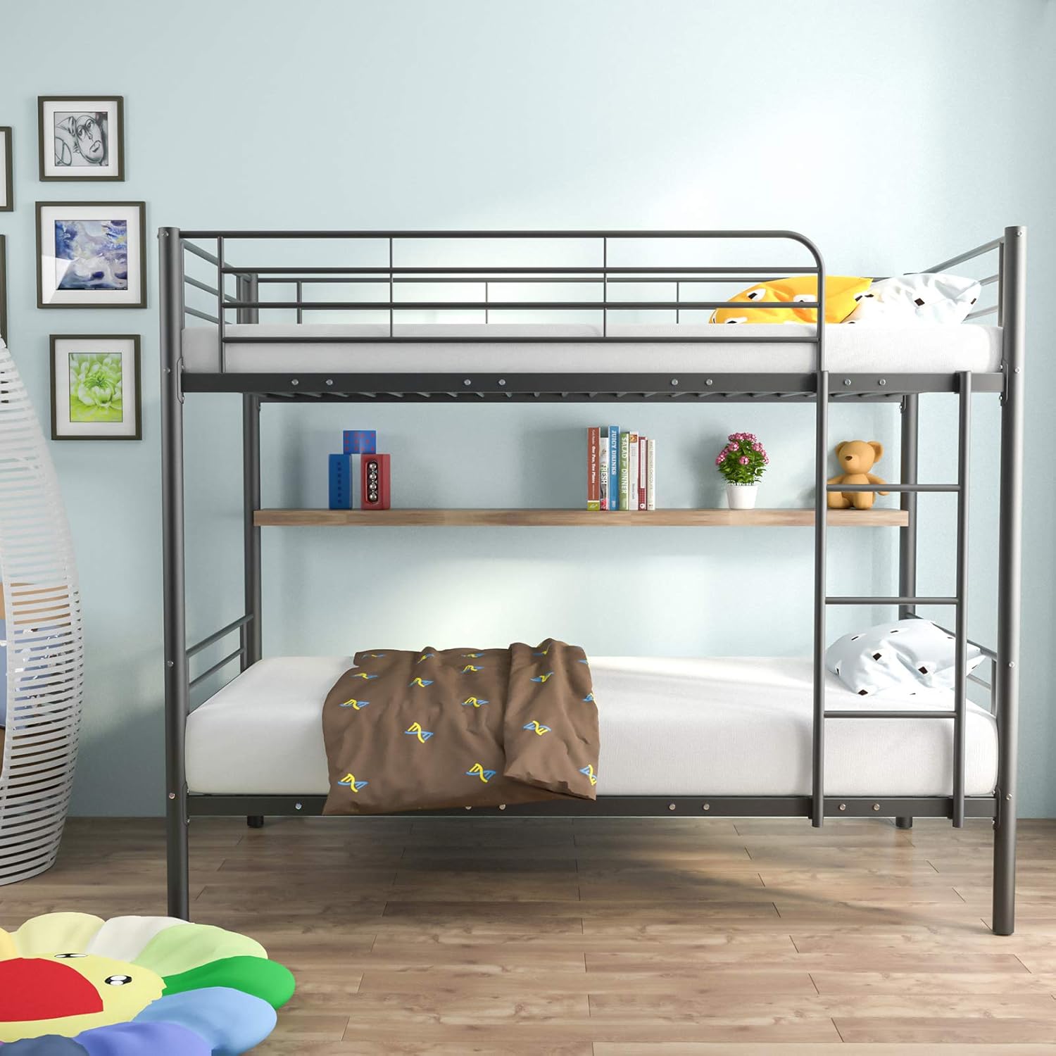 Metal Bunk Bed Twin Over Twin - Easy Assembly - with Removable Ladder - for Children/Teens/Adults,Black