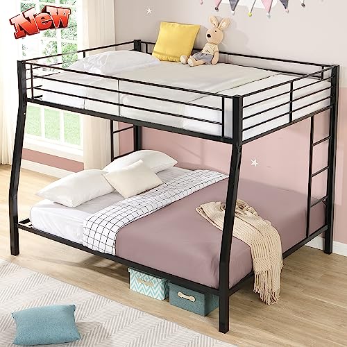 Higher Quality & Stronger Metal Queen Size Bunk Bed for Kids Adult, Heavy Duty Queen Over Queen Bunk Beds Frame with Built-in Ladde & Guard Rails for Kids Adult Teens, Quick Assembly, Black