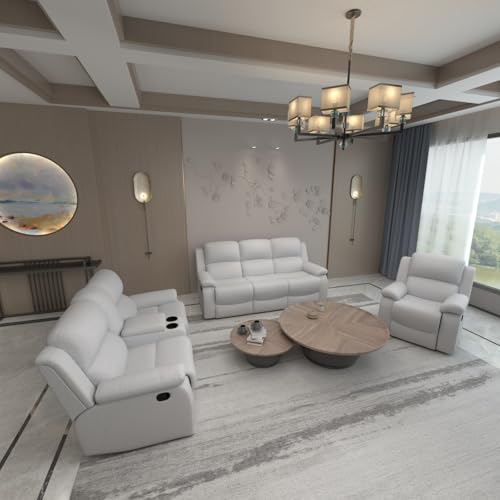 Bonded Leather Recliner Sofa Set 3 PCS Motion Sofa Loveseat Recliner Sofa Recliner Couch Manual Reclining Chair for Living Room (3 Piece Set) (Black)(Grey)