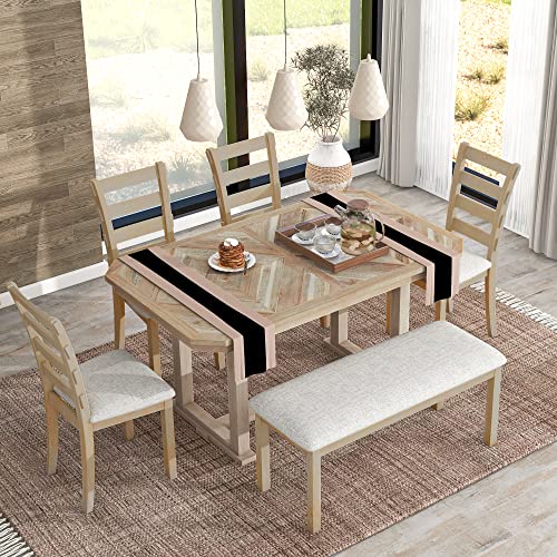 60 Inch Dining Table Set for 6, Modern Faux Marble 6-Piece Kitchen Table Set with Upholstered Dining Chairs and Bench, Dining Room Table Set for Living Room and Kitchen, White+Black