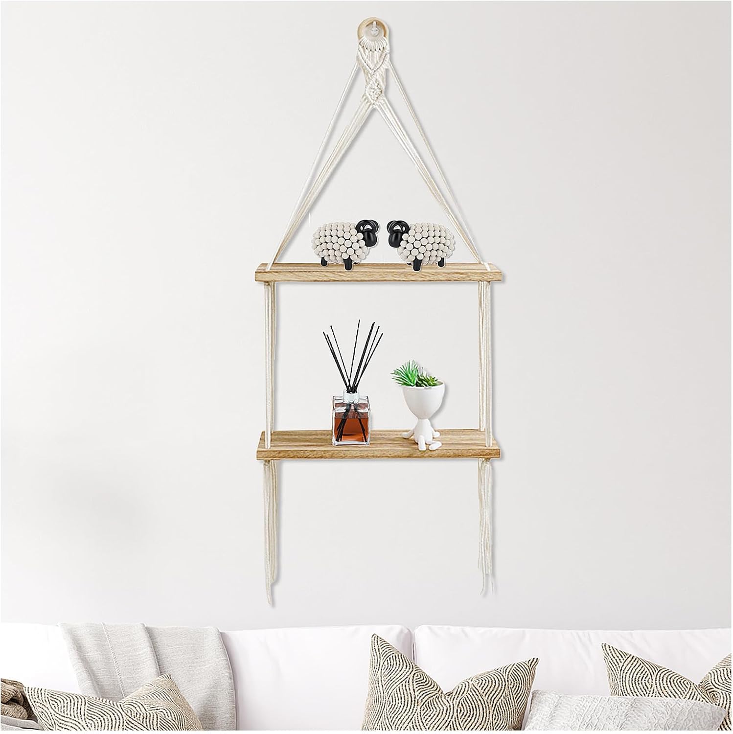 Macrame Shelf Shelf Boho Wall Decor 2 Tier Handmade Cotton Rope Rustic Wood Floating Shelves Display Photos Plants Hanging Storage Shelving for Living Room Nursery Bathroom Bedroom