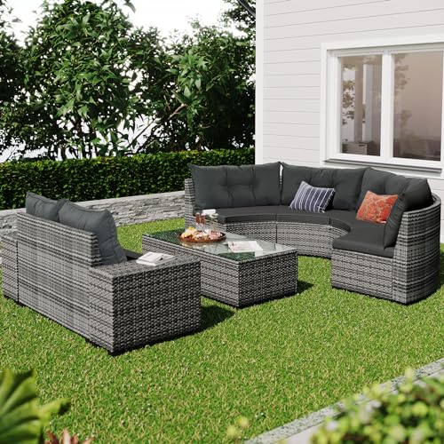 Danxee 8 Pieces Half-Moon Outdoor Patio Furniture Set Outdoor Sectional Rattan Sofa Set Manual Wicker Patio Conversation Set with Rectangular Coffee Table Movable Cushion for Yard(Beige)