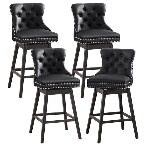 Swivel Bar Stool with Back, Faux Leather Counter Height Bar Stools, Upholstered Tufted Counter Height Chairs, Solid Wood Legs, (Brown, 30