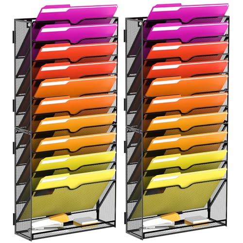 Wall File Organizer, 11-Tier Mesh Hanging File Organizer for Papers, Folders, Files Clipboard & Magazine Organization, Assembly Needed, Ideal Wall Organizer for Office Home, Black 2 Pack