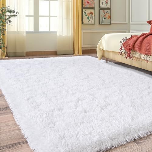 Fluffy Rugs for Bedroom Living Room, 4x6 Feet Indoor Modern Shaggy Area Rugs, Non-Slip Fuzzy Shag Floor Carpet for Dorm Nursery Kids Room Decor, Soft Plush Throw Rug, White