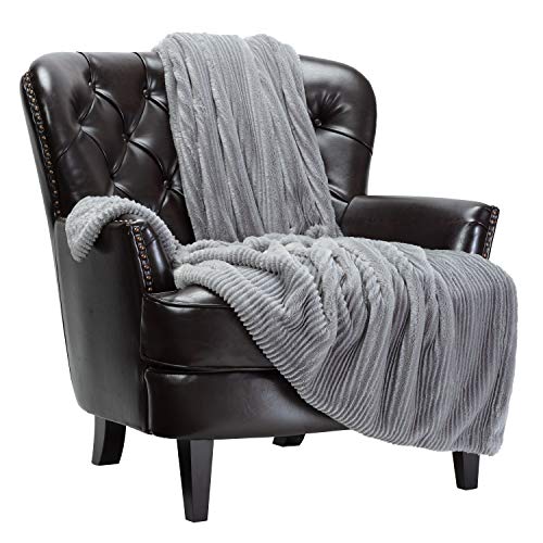 Chanasya Premium Stripe Textured Faux Fur Throw Blanket - Elegant Super Soft Cozy Luxury Plush Faux Fur with Reverse Mink Blanket for Bed Couch and Living Room Décor (50x65 Inches) Gray Blanket
