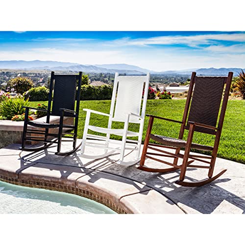 Shine Company Set of 2 Hampton Porch Rockers, High Back Wood Rocking Chairs, Rattan Backrest & Seat, 2-Pack, White