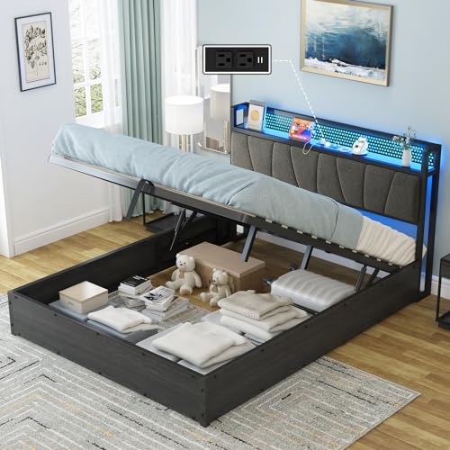AMERLIFE Full Size Lift Up Bed Frame with Linen Upholstered & LED Light & Storage Headboard, Platform Bed Frame with Charging Station, No Box Spring Needed, Noisy Free, Black