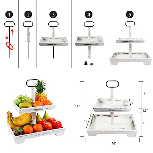 Wood 2-Tier Rustic Tray, Farmhouse Tiered Tray Stand, Rectangular Tray for Cakes, Desserts, Fruits, Snack, Candy, 16x12x17 inches, 4 lbs, White