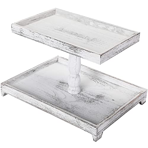 Farmhouse Tiered Tray Stand Wooden Rustic 2 Tier Tray Stand Rectangular Tray Serving Two Tiered Tray Stand for House Kitchen Cake (White)