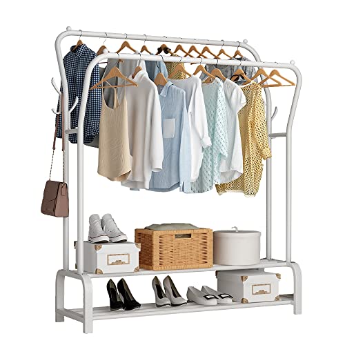 UDEAR Garment Rack Freestanding Hanger Double Rods Multi-functional Bedroom Clothing Rack, Double layer ，4 Hooks，White