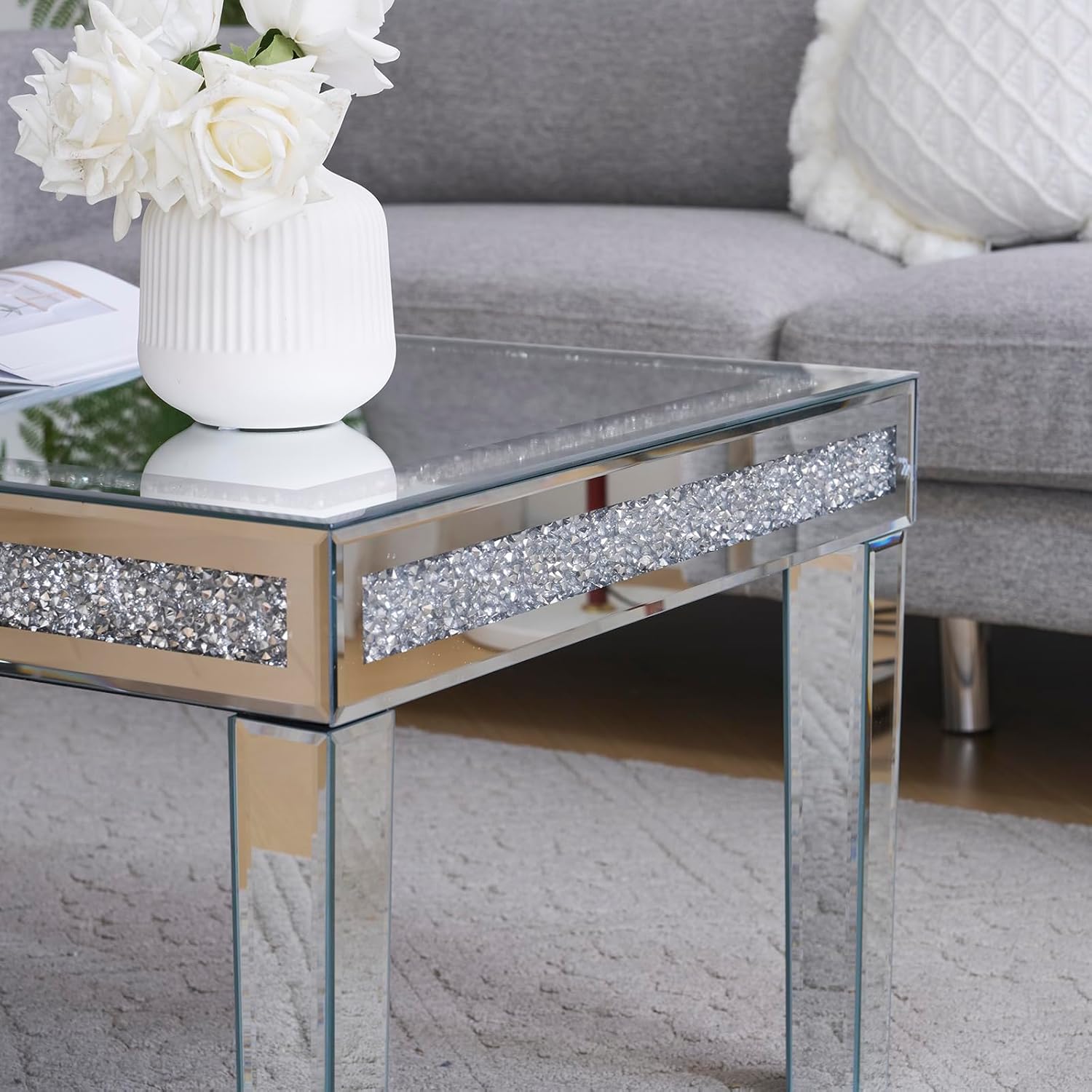 SSLine Modern Mirrored Coffee Table Luxury Living Room Cocktail Center Table with Silver Mirror Finish Rectangular Small Coffee Table with Crystal Inlay and Edge - Partially Assembled