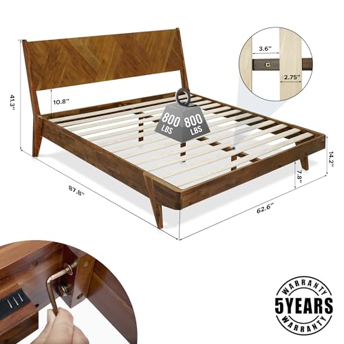 Gazelle Queen Size Bed Frame with Artistic 41in High Headboard Solid Wood Platform Bed, Art Deco Premium Natural Wood Bed Compatible with All Mattresses, Wood Slats Support, Walnut