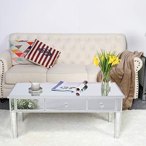 35inch Mirrored Coffee Table Cocktail Table with Crystal Decor, Silver End Table w/Adjustable Height Legs, Wood Frame/Smooth Mirrored Surface, Mirror Centre Table for Living Room Home Office
