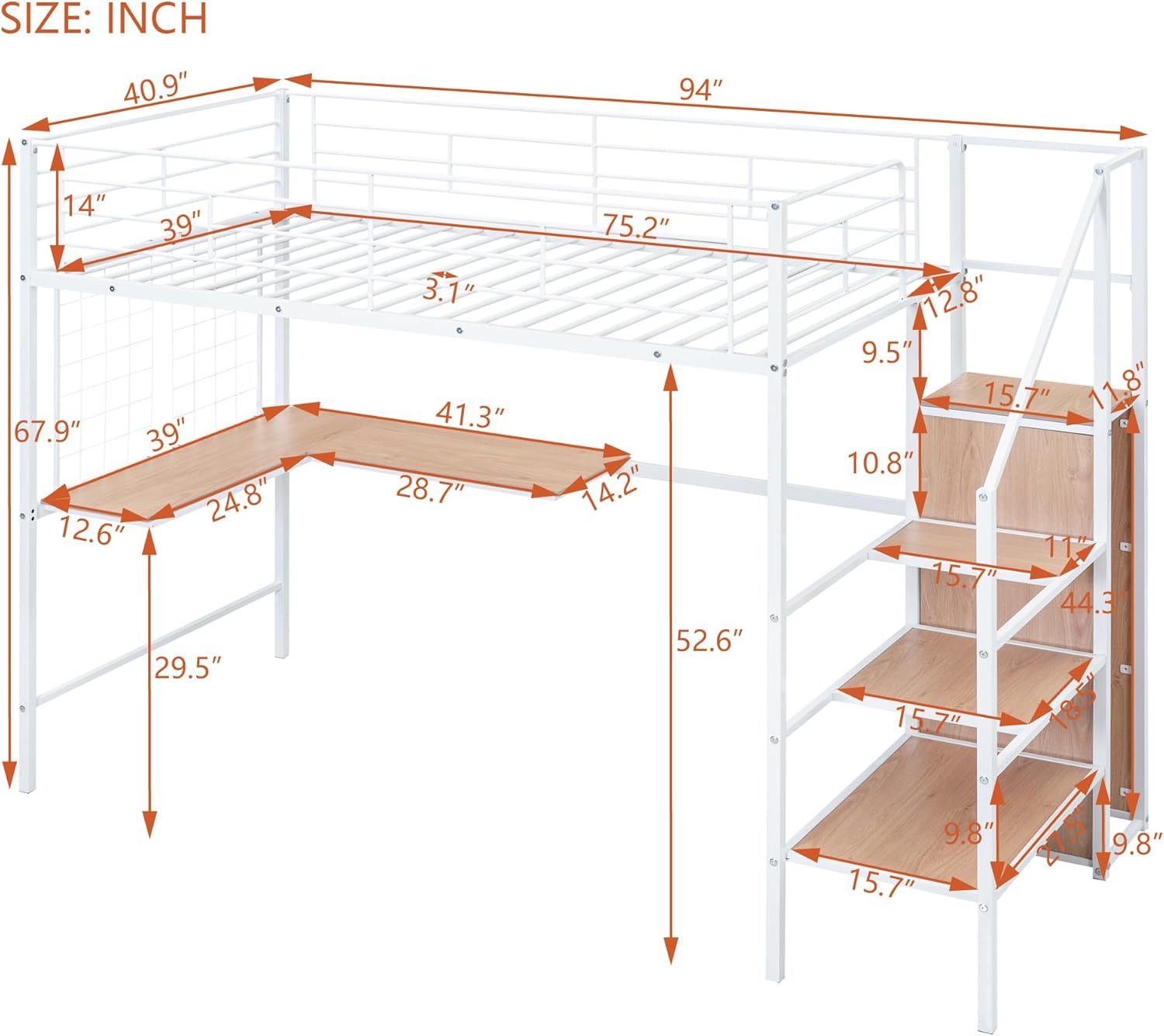 Bellemave Loft Bed with Desk and Stairs, Twin Size Loft Bed with Storage Wardrobe, Shelves and Grid, Heavy-Duty Metal Loft Bed Frame for Kids Teens Adults, White
