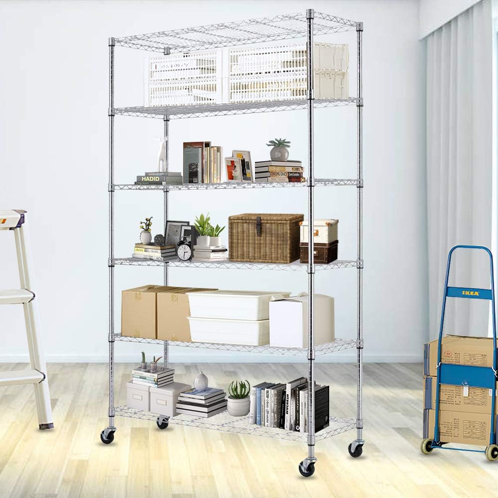6 Tier Wire Metal Shelving Heavy Duty Shelf Storage Organizer Rack Unit NSF Wire Adjustable Shelves with Wheels, 82