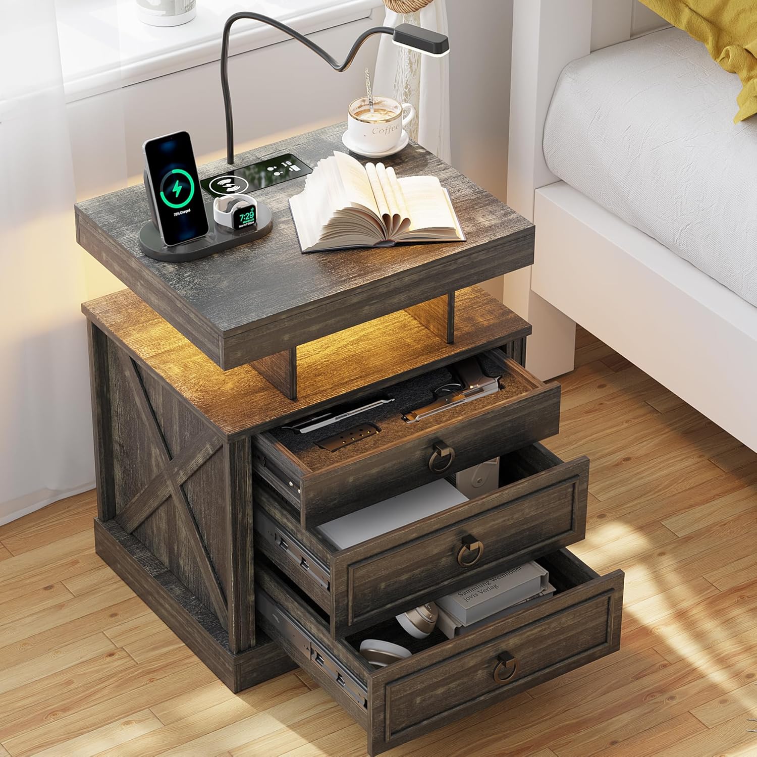 HNEBC Nightstand Side Table with Gun Case,Night Stand with Wireless Charging Station, Farmhouse Bedside Table with 2 Drawers, End Table with Bedside Lamp for Living Room/Bedroom, Rustic Brown
