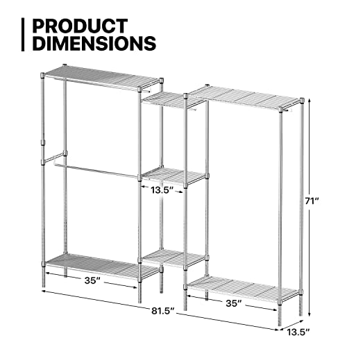 MoNiBloom 85.5 Inch Clothes Rack with Shelves, Wire Garment Rack Heavy Duty Clothes Rack with 4 Hanging Rods, Free Standing Wardrobe Closet Organizer and Storage, Capacity 1000 lbs, White