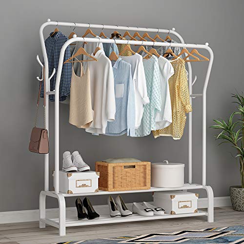 UDEAR Garment Rack Freestanding Hanger Double Rods Multi-functional Bedroom Clothing Rack, Double layer ，4 Hooks，White